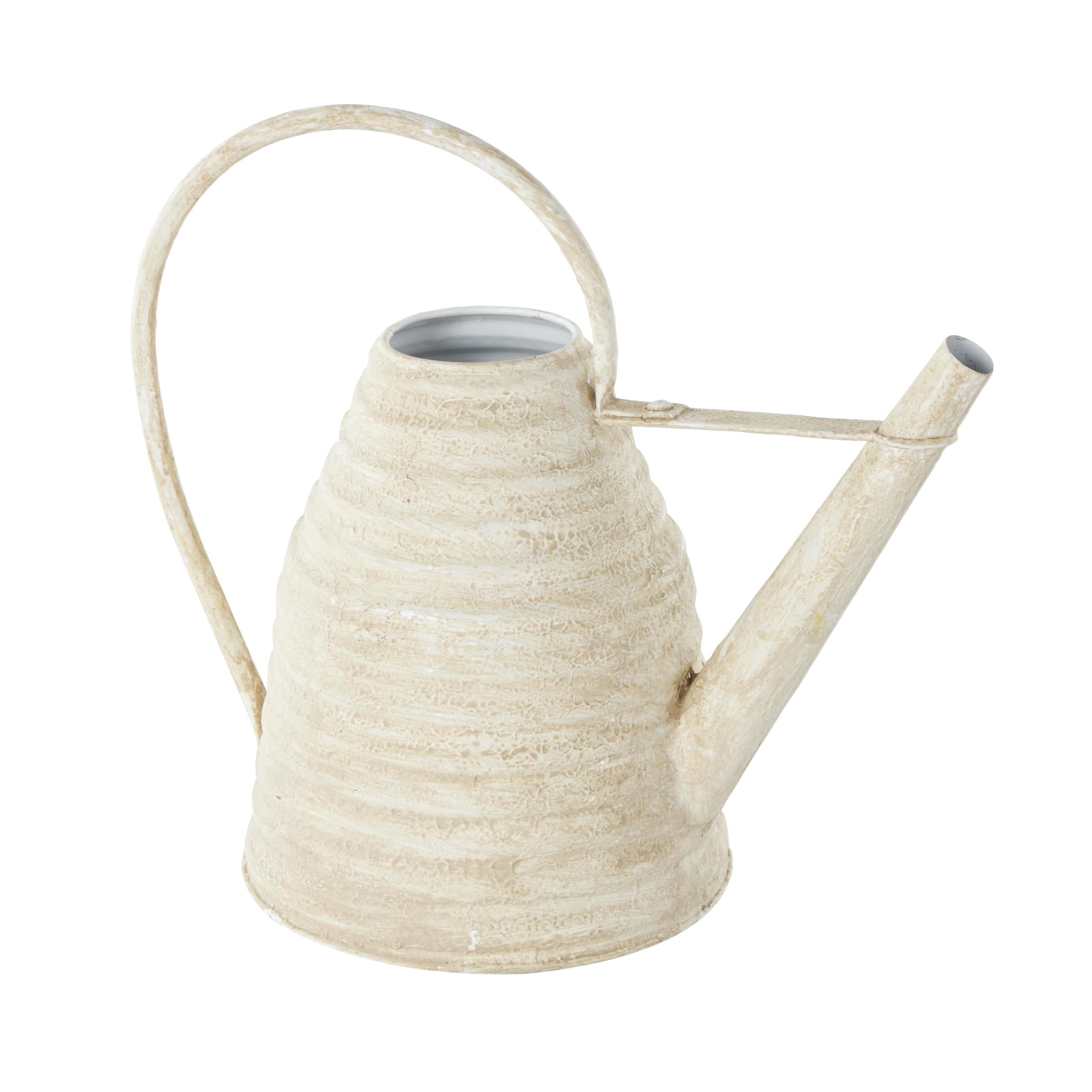 DecMode 14" x 12" Beehive Shaped Watering Can Cream Metal Watering Can Planter with Large Loop Handle