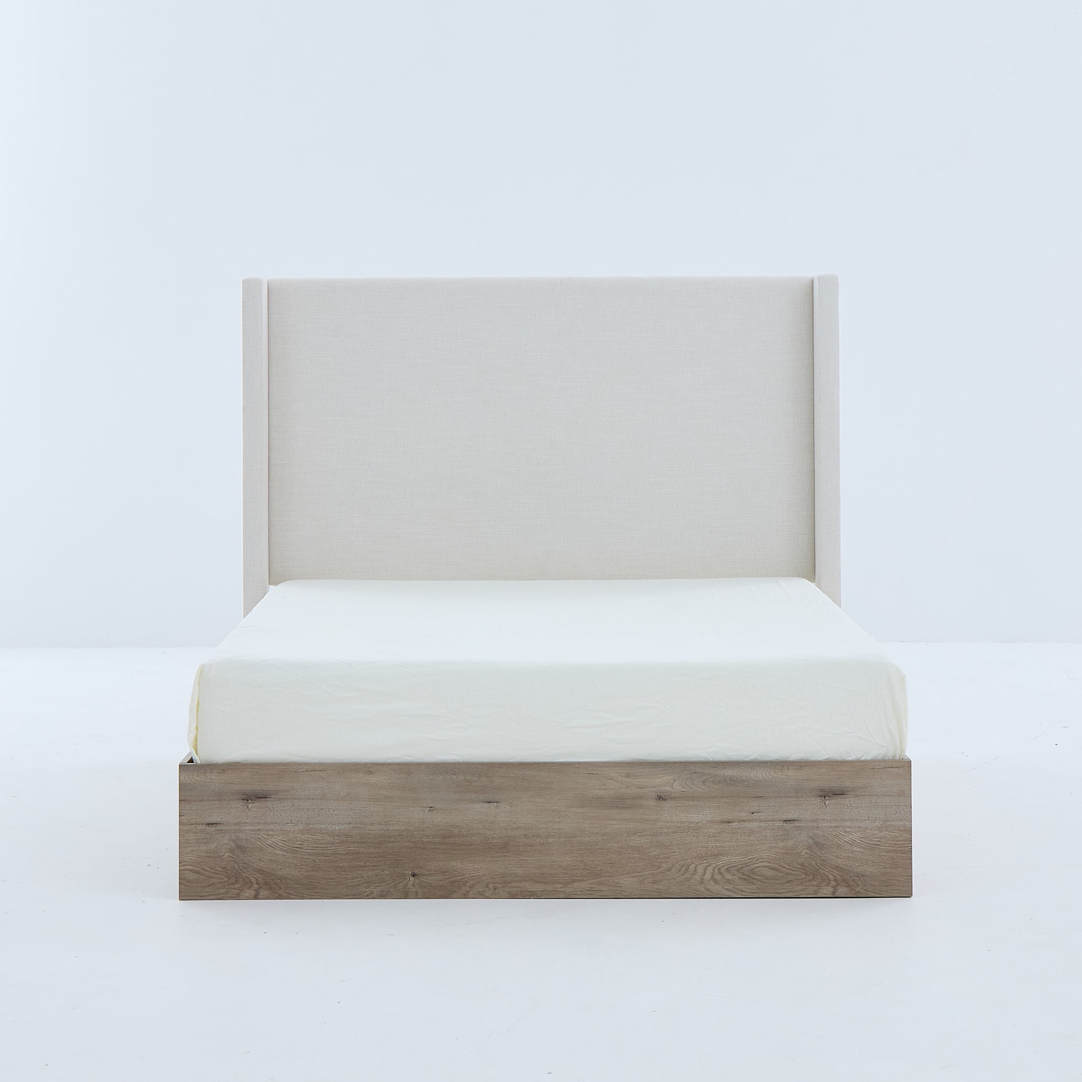 Noble House Shelton Queen Upholstered Wingback Bed, 54" High Headboard, Wood Base, Ivory