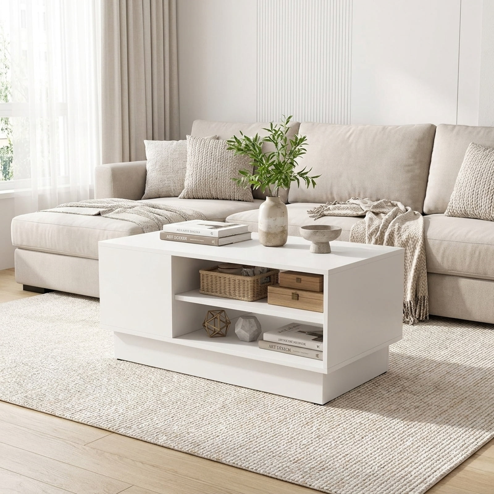 Furnibear Modern 2-Tier Coffee Table with Open Storage Compartments Recessed Base and Non-Slip Foot Pads for Living Room, White