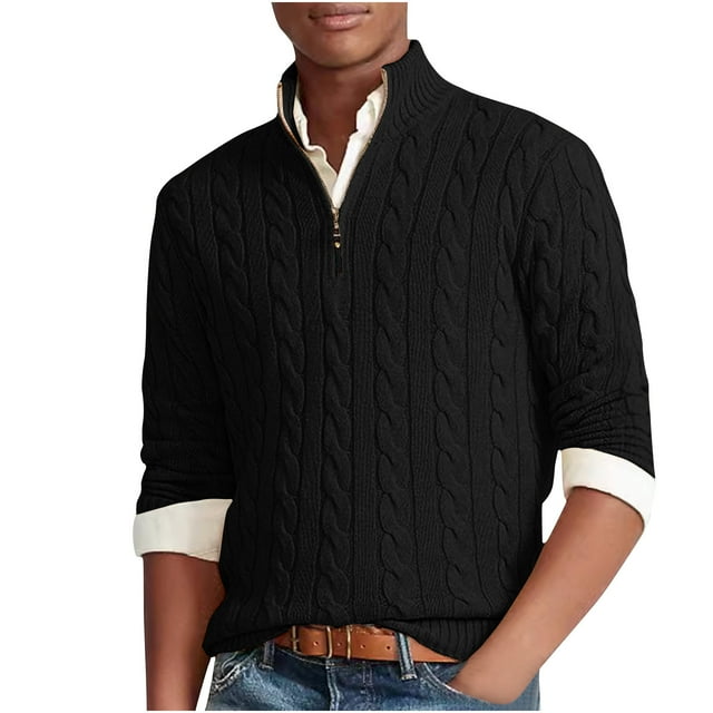GigrtiJin Men's Quarter-Zip Pullover Sweater Cable Knitted Stand Collar Sweaters Casual Warm Solid Color Sweaters
