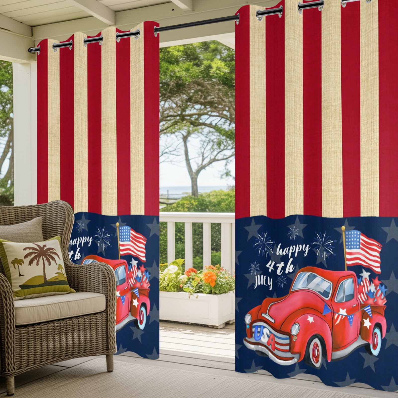 USA Flag Red Truck Outdoor Curtains for Patio, Independence Day Blue Star Red Strips Sunshade Privacy Drapes Grommet Waterproof Outside Curtains for Porch/Cabana/Balcony 54"x 108", 1 Panel