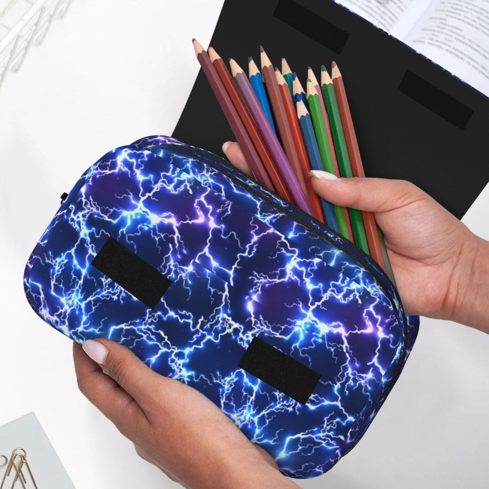 Rateoe Blue Lightning1 Pattern Double Clamshell Pen Case, Storage Organizer with Two Zipper Compartments– Holds Up to 50 Pencils & Pens