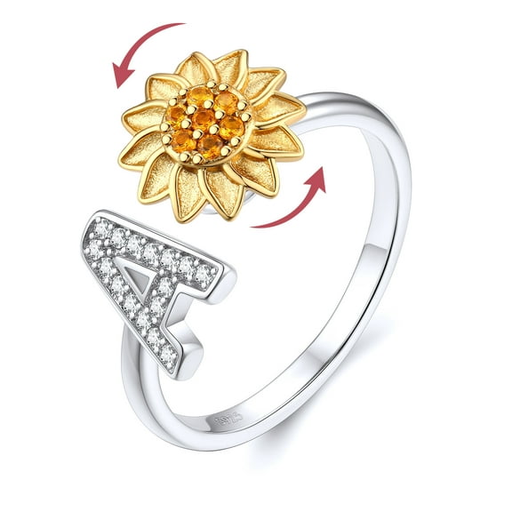 FOCALOOK Rotatable Sunflower Fidget Ring for Women 925 Sterling Silver Anxiety Ring Adjustable Open Spinner Ring Cubic Zirconia Initial A Rings Jewelry Gift