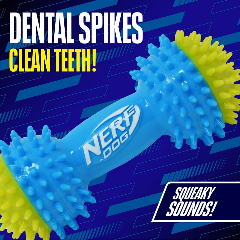 Nerf Dog TPR Squeak Spike Barbell Chew Toy for Dogs, Green/Blue, 7