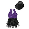 thumbnail image 4 of YEAHDOR Kids Girls Shiny Sequins Tassels Dance Leotard with Hat Jazz Hip Hop Dance Competition Costume Purple&Black 16, 4 of 5