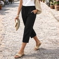 thumbnail image 4 of Capri Pants for Women Cotton Linen Straight Leg Pants with Pockets Cropped Elastic Waist Vacation Trousers, S, 4 of 6