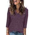 thumbnail image 2 of ManxiVoo Womens Brushed Striped V Neck Tee Shirt Artistic Retro Inspired Three Quarter Sleeve Top XL Size Purple, 2 of 7