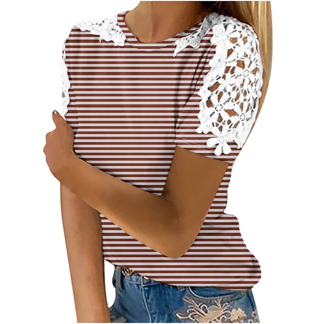 Camisas de Manga Corta para las Mujeres Impresión Cuello Redondo Suéter Encaje Camisa, Blusa de Verano Casual para las Mujeres