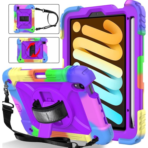 BMOUO Case for iPad Mini 7 Case (A17 Pro 2024), iPad Mini 7th/6th Generation Case, Full-Body Drop Protection iPad Mini 7/6 Case with 360° Rotate Hand Shoulder Strap/Stand, Purple