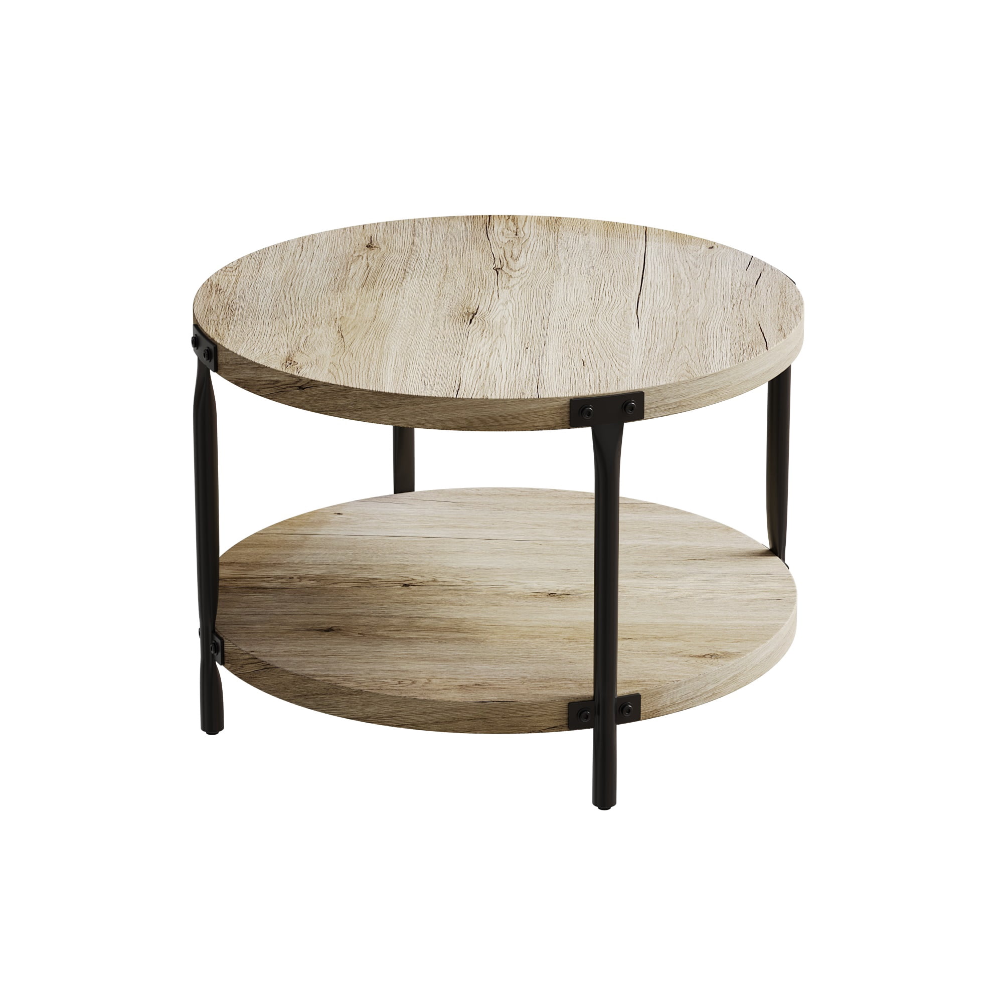 Homy Casa Round 2-Tier Coffee Table with Storage Shelf, Rustic Wood Finish, Black Iron Legs