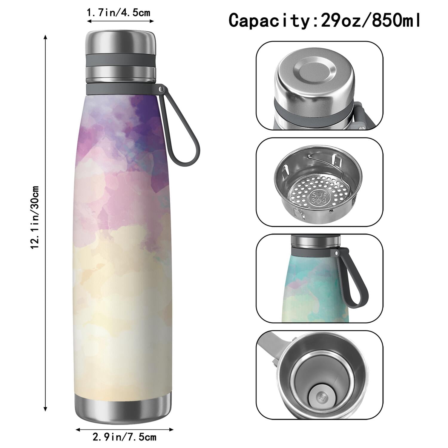 29oz Insulated Water Bottle with Tea Infuser, Stainless Steel Travel Mug, Fluid Smoke Aurora Art Style