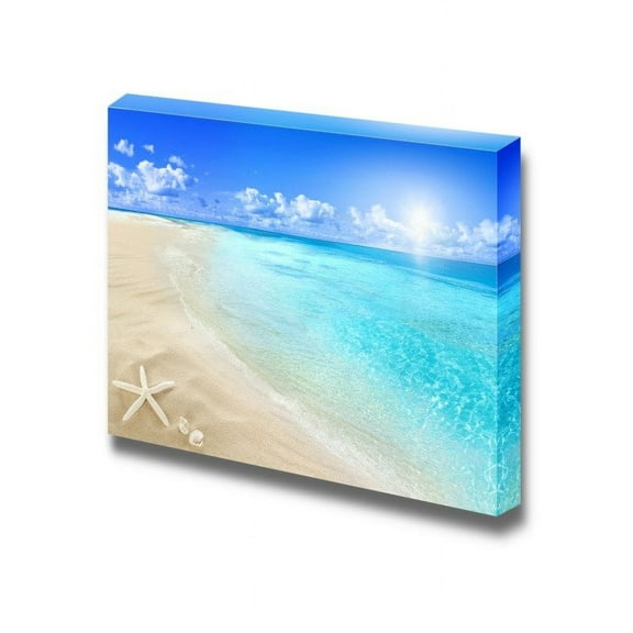 Canvas Prints Wall Art - Shells and Starfish on White Beach in a Sunny Summer Day | Modern Wall Decor/Home Art Stretched Gallery Canvas Wraps Giclee Print & Ready to Hang - 24" x 36"