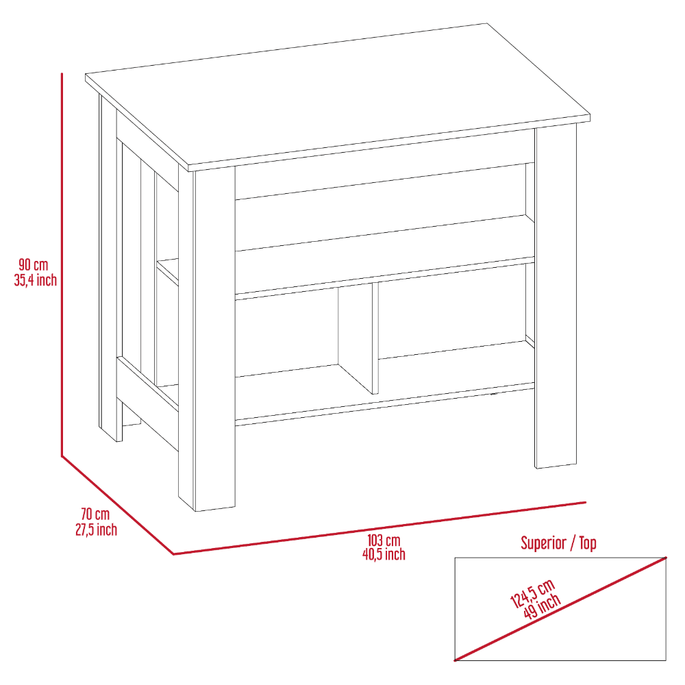 We Have Furniture Kitchen Island Dozza, Three Shelves, White / Onyx Finish