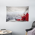 thumbnail image 1 of Christmas Tapestry, Santa Claus Sitting on Roof Top Looking Through Binoculars Cloudy Cityscape, Wall Hanging for Bedroom Living Room Dorm Decor, 60W X 40L Inches, Red Pale Grey, by Ambesonne, 1 of 2