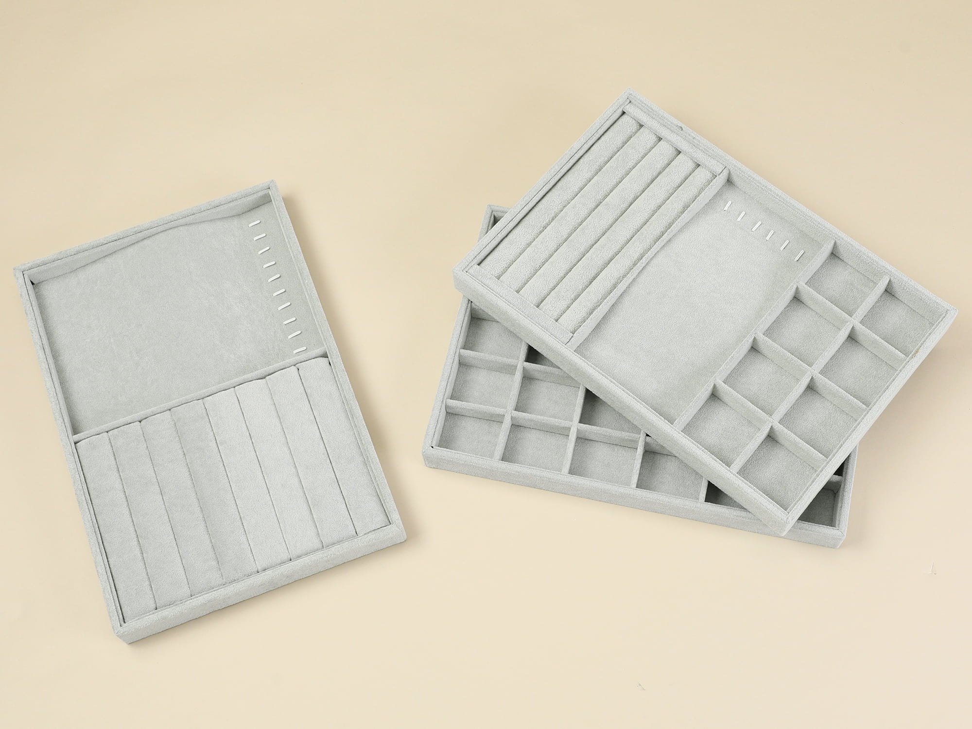 Unique Bargains Velvet Jewelry Organizer Trays with Removable Dividers Grey