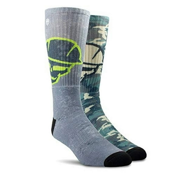 Ariat Unisex Arch Support Roughneck Graphic Crew Socks, 2-Pair Pack  GREY/GREEN