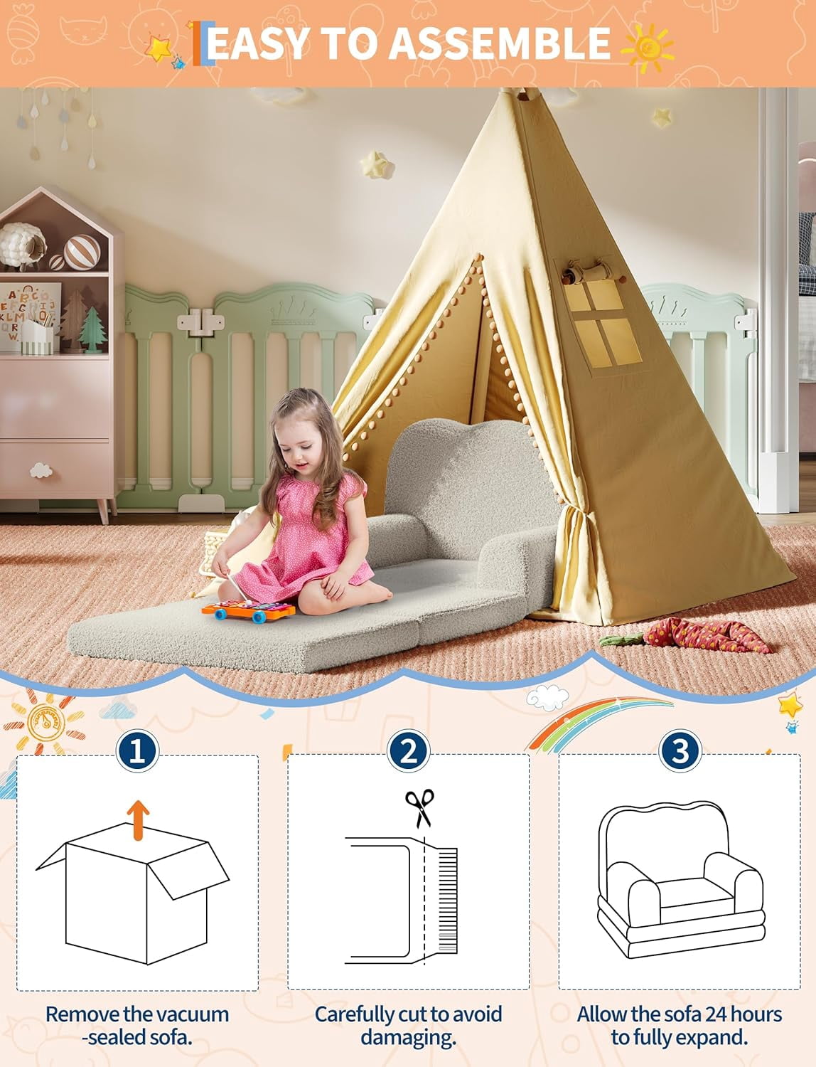 2-in-1 Convertible Kids Couch - Soft Teddy Fleece Toddler Sofa Chair and Fold Out Lounger, White
