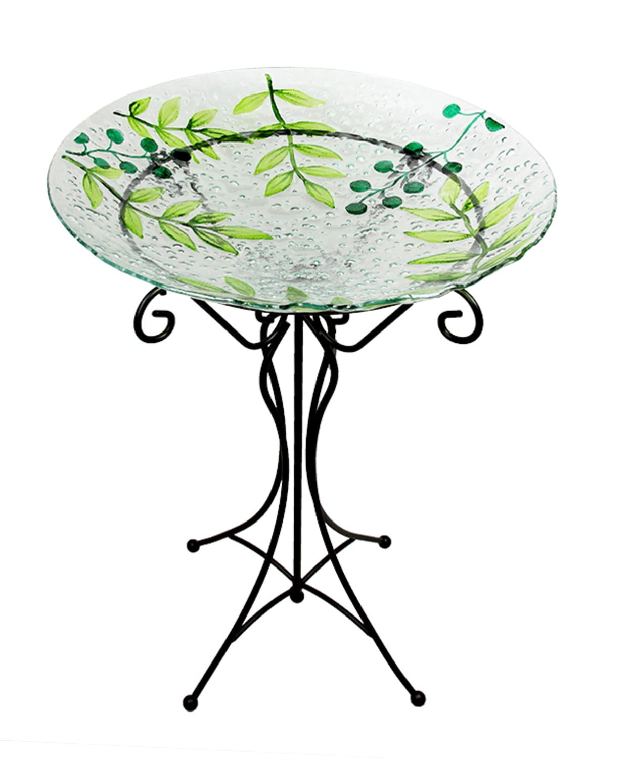 22" Hand Painted Glass Green Leaf and Berry Spring Outdoor Garden Birdbath by CC Outdoor Living