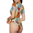 thumbnail image 3 of KLL Women 's Crew Neck Bodysuit Jumpsuits Fall Maple Leaves Print Short onesies Stretch T Shirts, 3 of 7