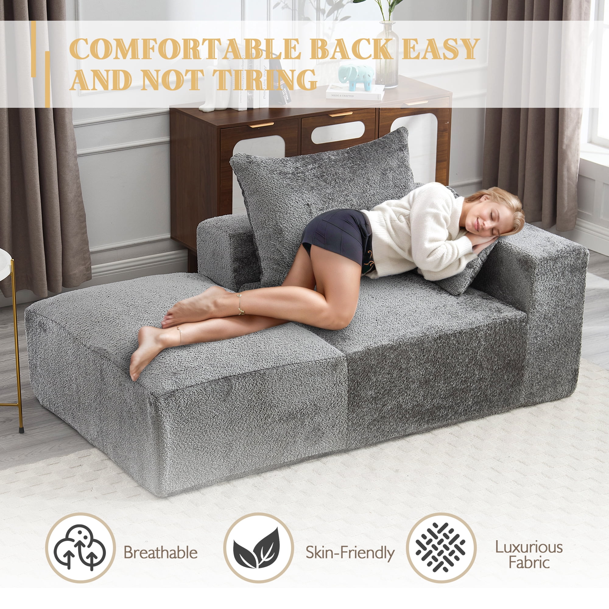 MOONMISS Boucle Upholstered Free Combination of Flexible 2-Seater Lazy Leisure Sofa with 2 Pillows-Gray