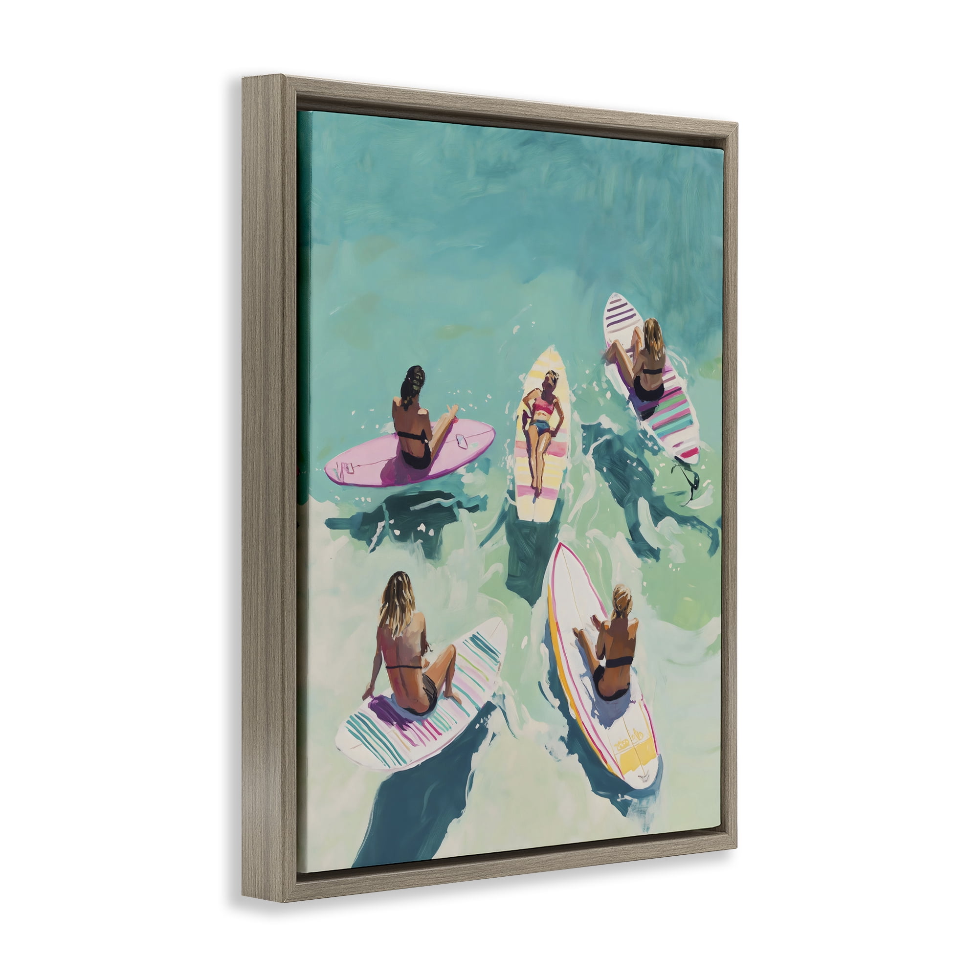 Stupell Industries Women Surfers at Turquoise Beach Brown Framed Floater Canvas Wall Art, design by The Prints Vibe