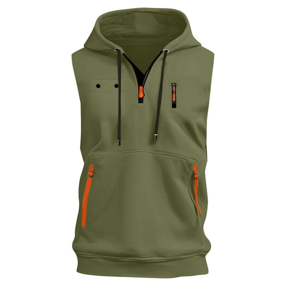 Evdexr Workout Zip Up Tank Tops for Men Sleeveless Hooded Solid Sweatshirt Drawstring Lightweight Running T Shirts Adjustable Muscle Trendy Tanks with Pocket Army Green XL
