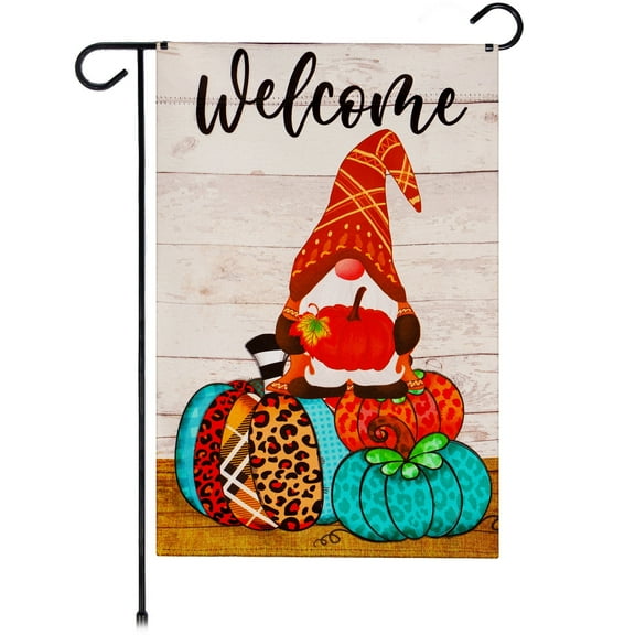 G128 Welcome Garden Flag Double-Sided, Gnome Sitting on Patterned Pumpkins Design, 12x18 in Blockout Fabric Outdoor Seasonal Decoration