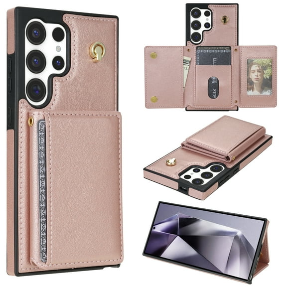 for Samsung Galaxy S25 Ultra Case, PU Leather Crossbody Wallet Case with Card Holder, Kickstand, Magnetic Clasp Folio Zipper Purse, Adjustable Removable Strap, Protective Back Cover, Rosegold