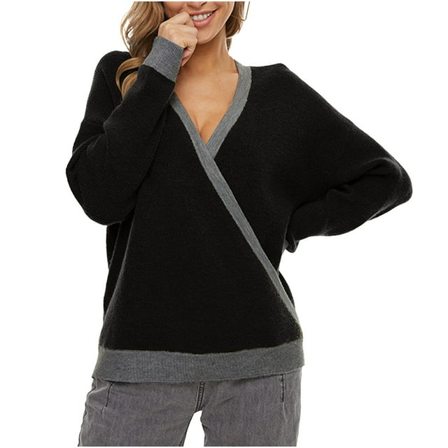 Yuyuzo Sweater Blouses Long Sleeve V Neck Pullover Patchwork Knit Tops Fall Winter Casual Solid Color Sweaters