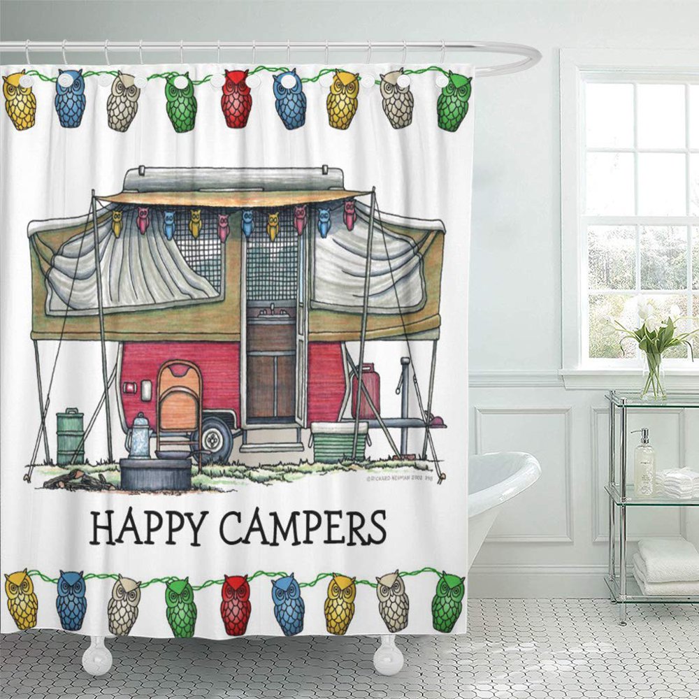 ATABIE Camping Cute Rv Vintage Popup Camper Travel Canned Ham Shower Curtain 60x72 inch