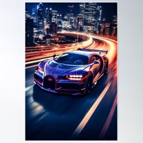 Bugatti Chiron Pur Sport Hypercar In Modern City With Blinding Lights Effect Poster Wall Art, Modern Wall Decor For Living Room Bedroom, 24x36 UNFRAMED