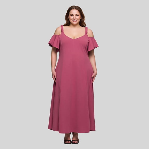 Plus Size 24Seven Comfort Apparel Cold Shoulder Ruffle Sleeve A-Line Maxi Dress Color: Rose Size: 3X