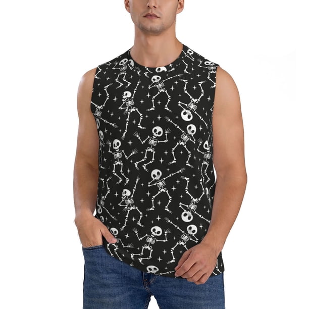 Fotbe Retro Skeleton Dancing On Halloween Party Men's Camiseta sin Mangas Estampada para Hombres, Playera Casual para Gimnasio, Entrenamiento, Playa-Medium