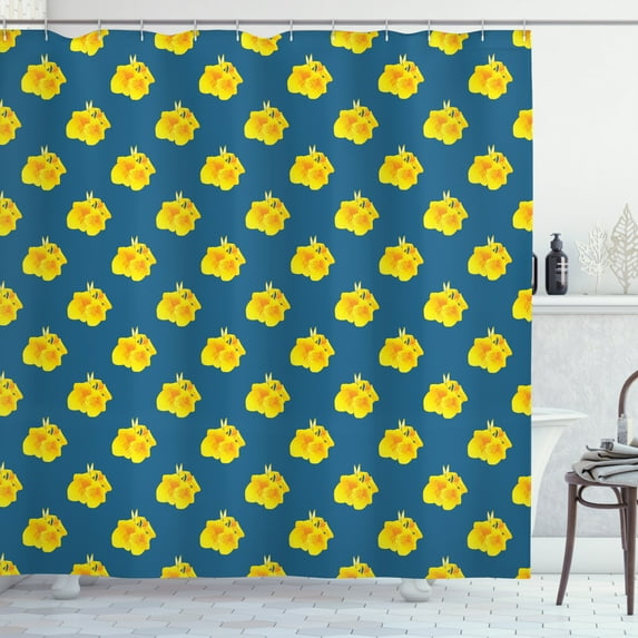 Yellow and Blue Shower Curtain, Canna Lily Flower Pattern on Blue Backdrop Blooming Foliage, Fabric Bathroom Set with Hooks, 69W X 84L Inches Extra Long, Blue Yellow and Orange, by Ambesonne