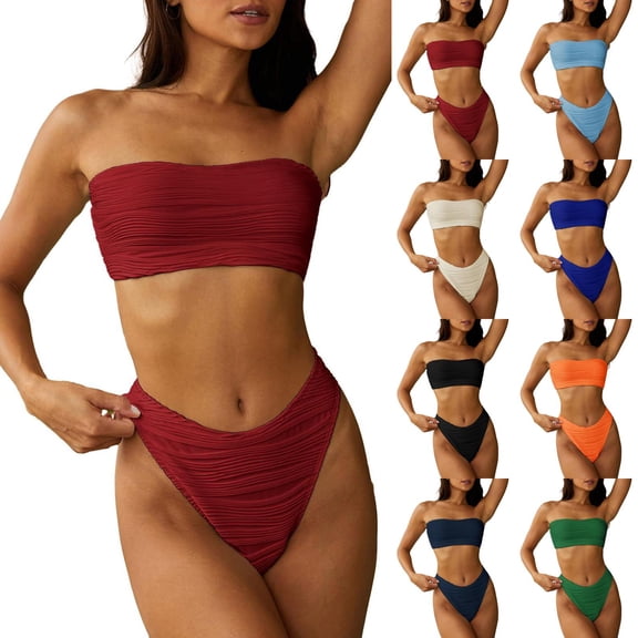 Women's Textured Bikini Swimsuit Two Piece Strapless Bandeau Cheeky Bathing Suits Black M