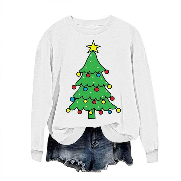 BLVB Christmas Sweatshirts for Women Christmas Tree Sweatshirt Long Sleeve Printed Crewneck Pullover Holiday Tops