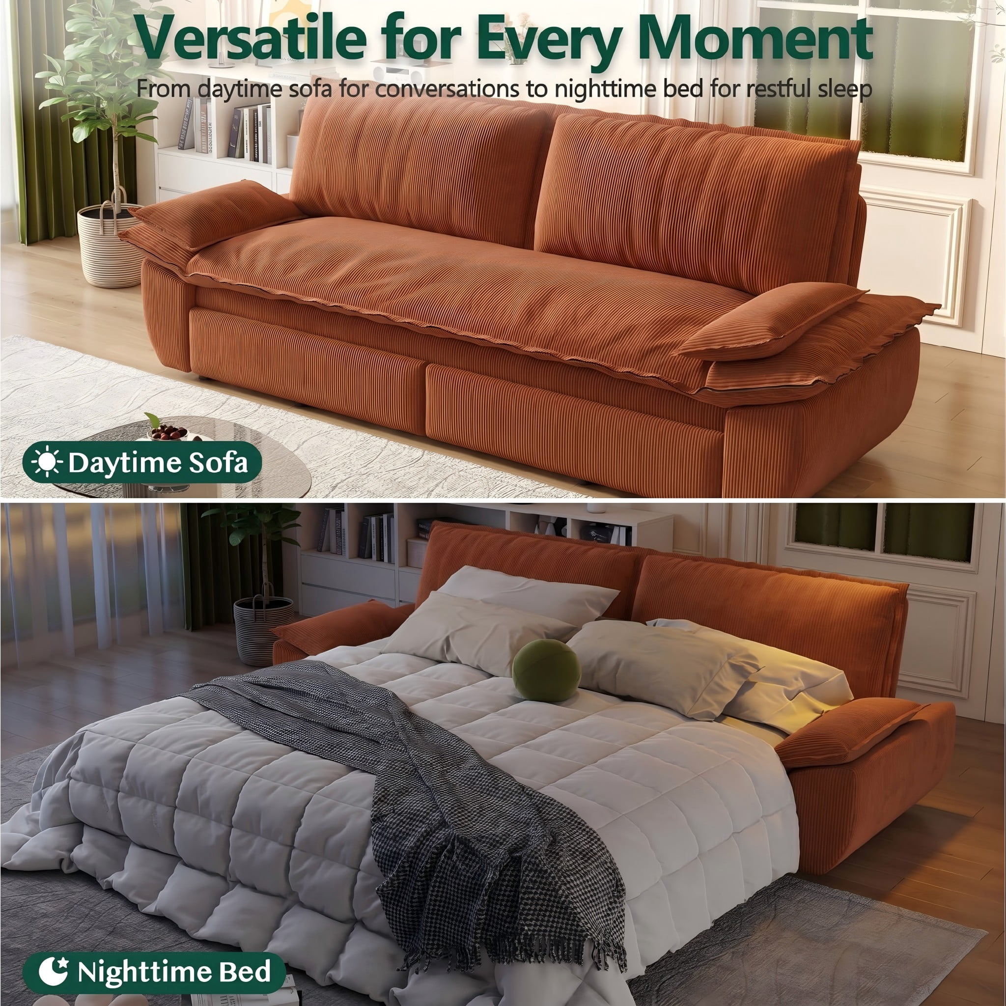 Multi-Functional Corduroy Convertible 3-in-1 Sofa Bed, Queen Size Loveseat Sleeper Couch, Orange