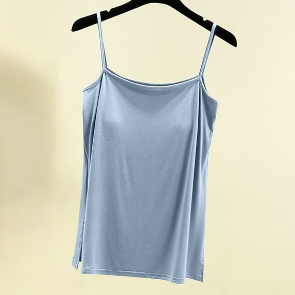 LYEAA Womens Tank Tops Plus Size with Built in Bra Spaghetti Strap Loose Summer Casual Lightweight Cami Shirt Solid Crew Neck Sleeveless Split Breathable Fashion Ladies Pullover Shirts Blue M