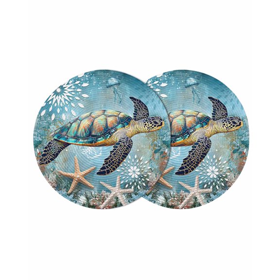 Coastal Sea Turtle Round 15 Inch Placemats Set of 2, Vintage Teal Nautical Beach Botanical HeatResistant Non Slip Place Mats for Dining Table, Wipeable Braided Kitchen Table Mats for Housewarming