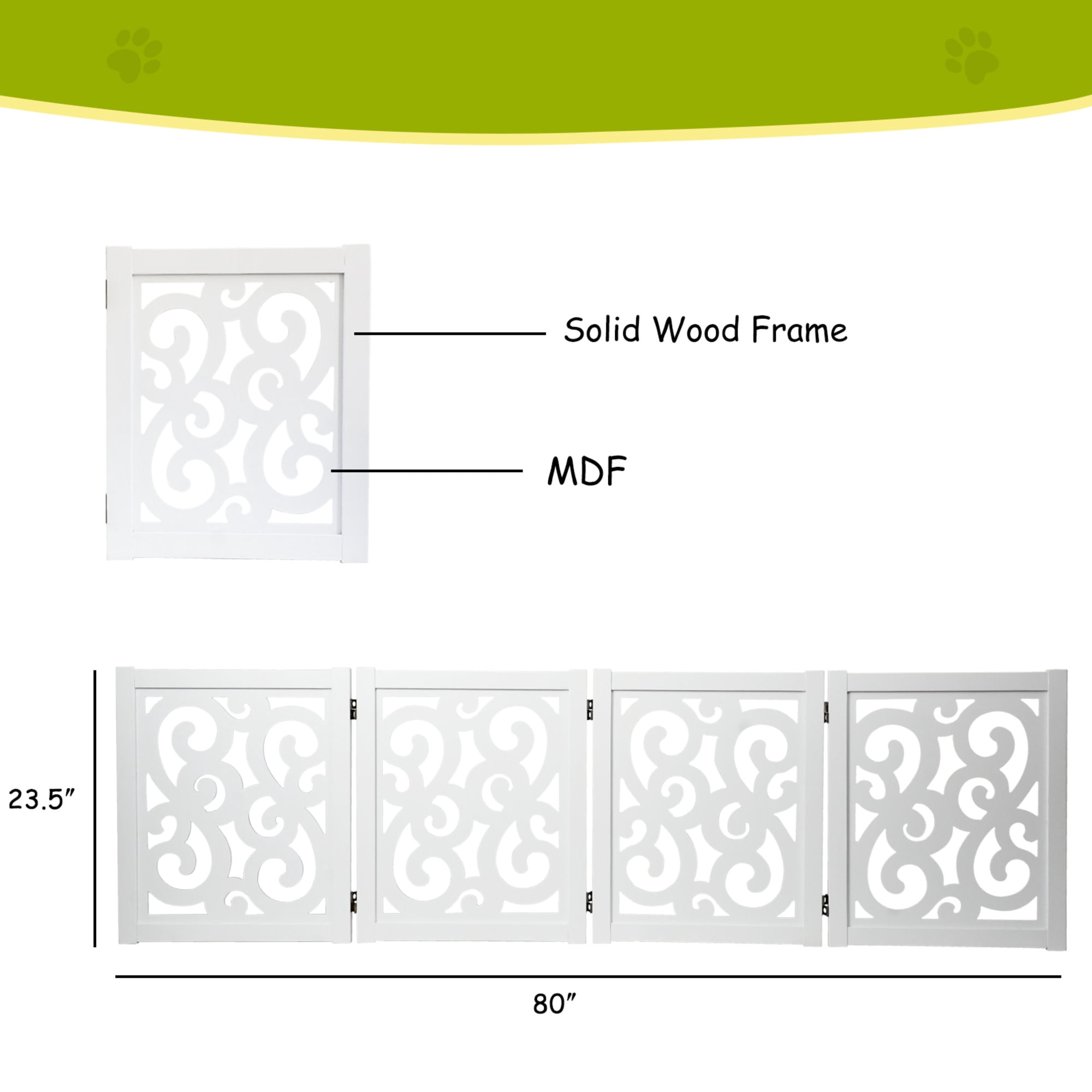 Ashfield & Harkness: 4-Panel Pet Gate - Scroll White - Wooden Foldable Freestanding Dog Fence, 80 x 23.5", Doorways-Halls-Stairs, 360 Rotated Hinges
