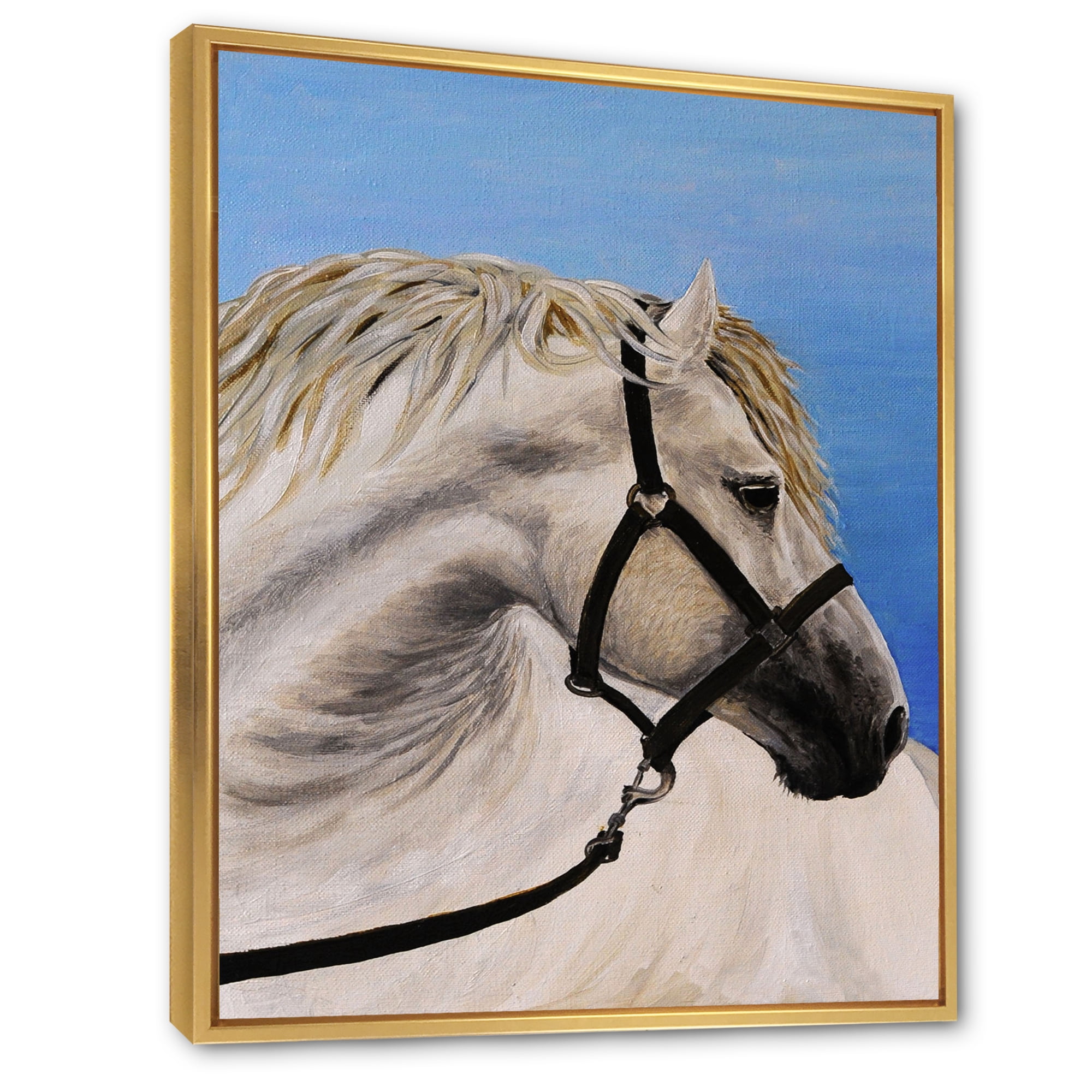 Close Up Of White Horse In The Furrow 24 in x 32 in Framed Photography Canvas Art Print, by Designart