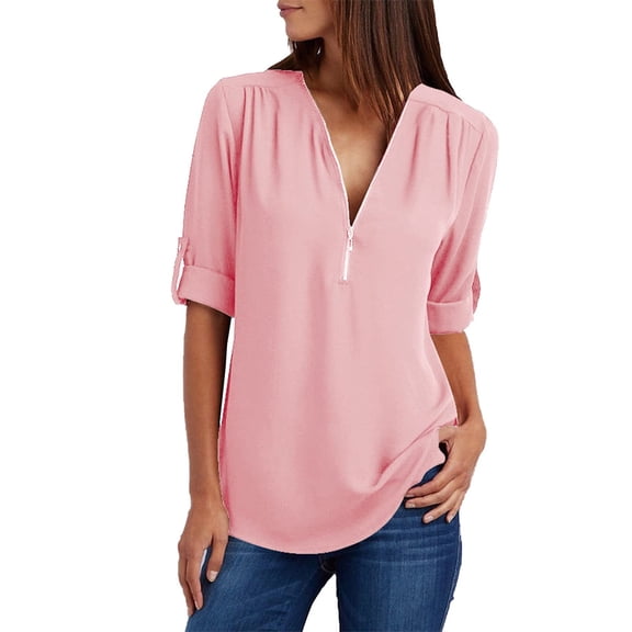 QLEICOM Women's Fashion Oversize Chiffon T Shirt, V Neck Roll-Up Long Sleeve Casual Blouse, Zipper Design Summer Shirts Plus Size Rollable Tunic Tops, Tees & Blouses S-2XL
