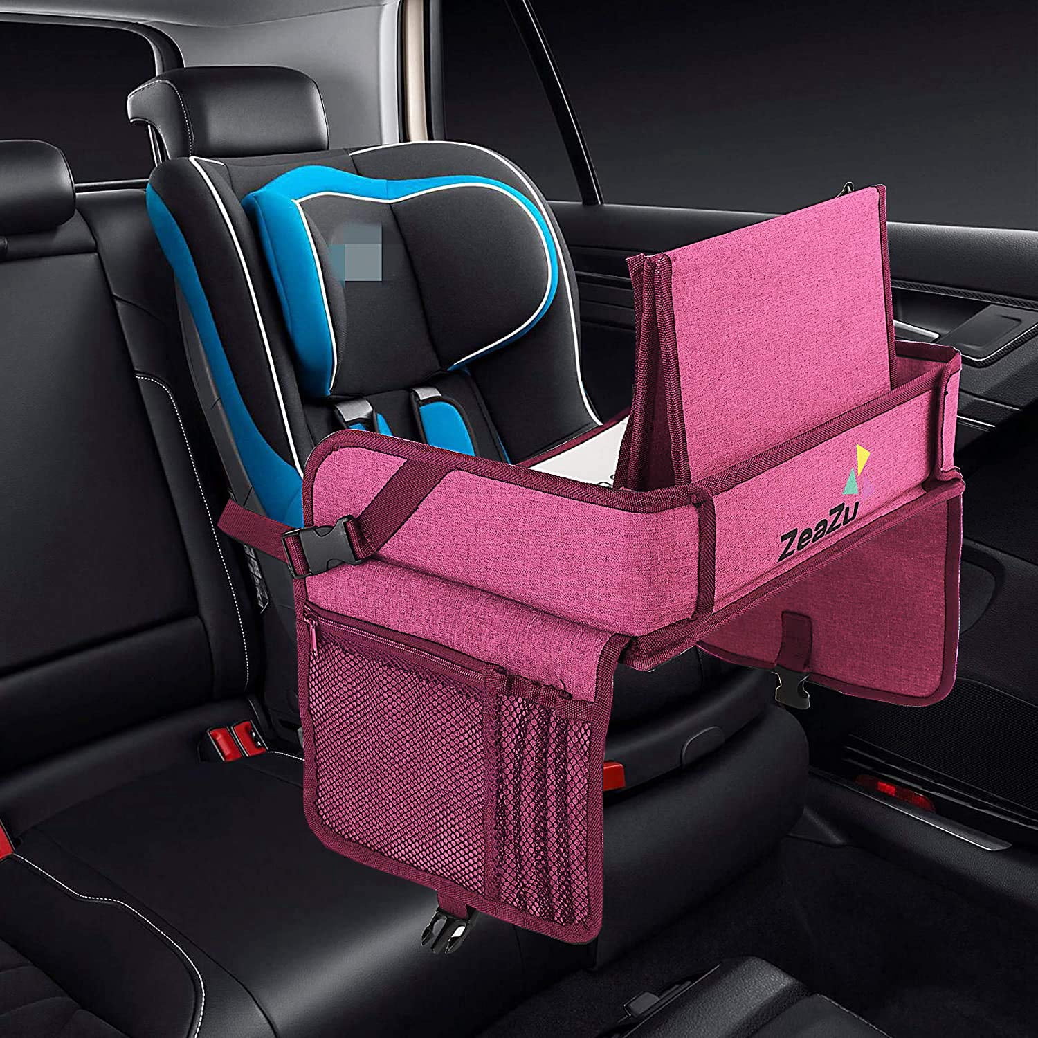 Kids Travel Tray with Bag - Toddler Car Seat Tray, Foldable Lap Travel Table Desk with iPad Holder, Drawing Board, Storage Pocket Organizer for Child Road Trip, Car Stroller, Airplane - Pink