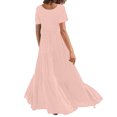 thumbnail image 4 of WIZUTIZ Sundresses for Women Flowy Relaxed Fit Smocked High Waist Tiered Dress Solid Vacation Dress Short Sleeve Crew Neck Peplum Dress for Women's Ankle-Length Breathable Dress Pink, 4 of 5