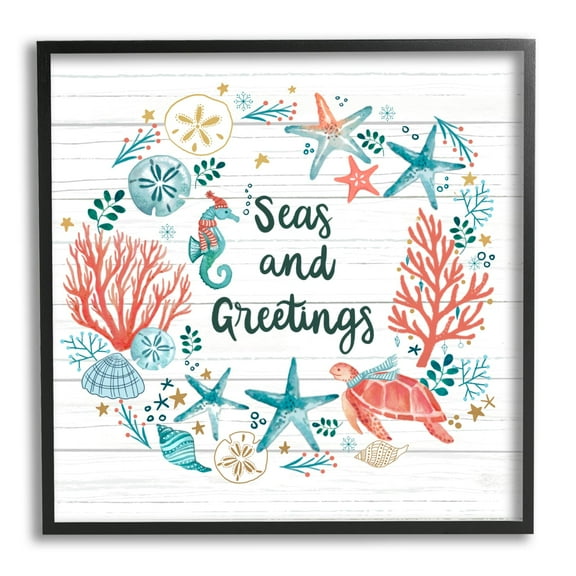 Stupell Industries Seas And Greetings Warm Nautical Holiday Wreath Graphic Art Black Framed Art Print Wall Art, Design by Sharon Lee
