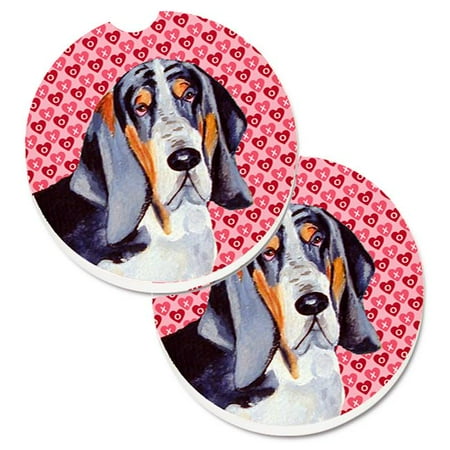 

Basset Hound Hearts Love & Valentines Day Portrait Set of 2 Cup Holder Car Coaster
