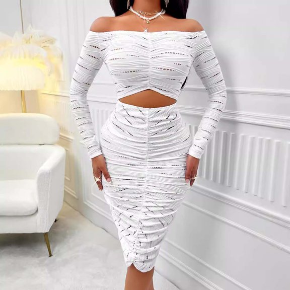 Women's Fall Off The Shoulder Maxi Dress Spring Long Sleeve Ruched Fitted Bodycon Club Dresses With Slit