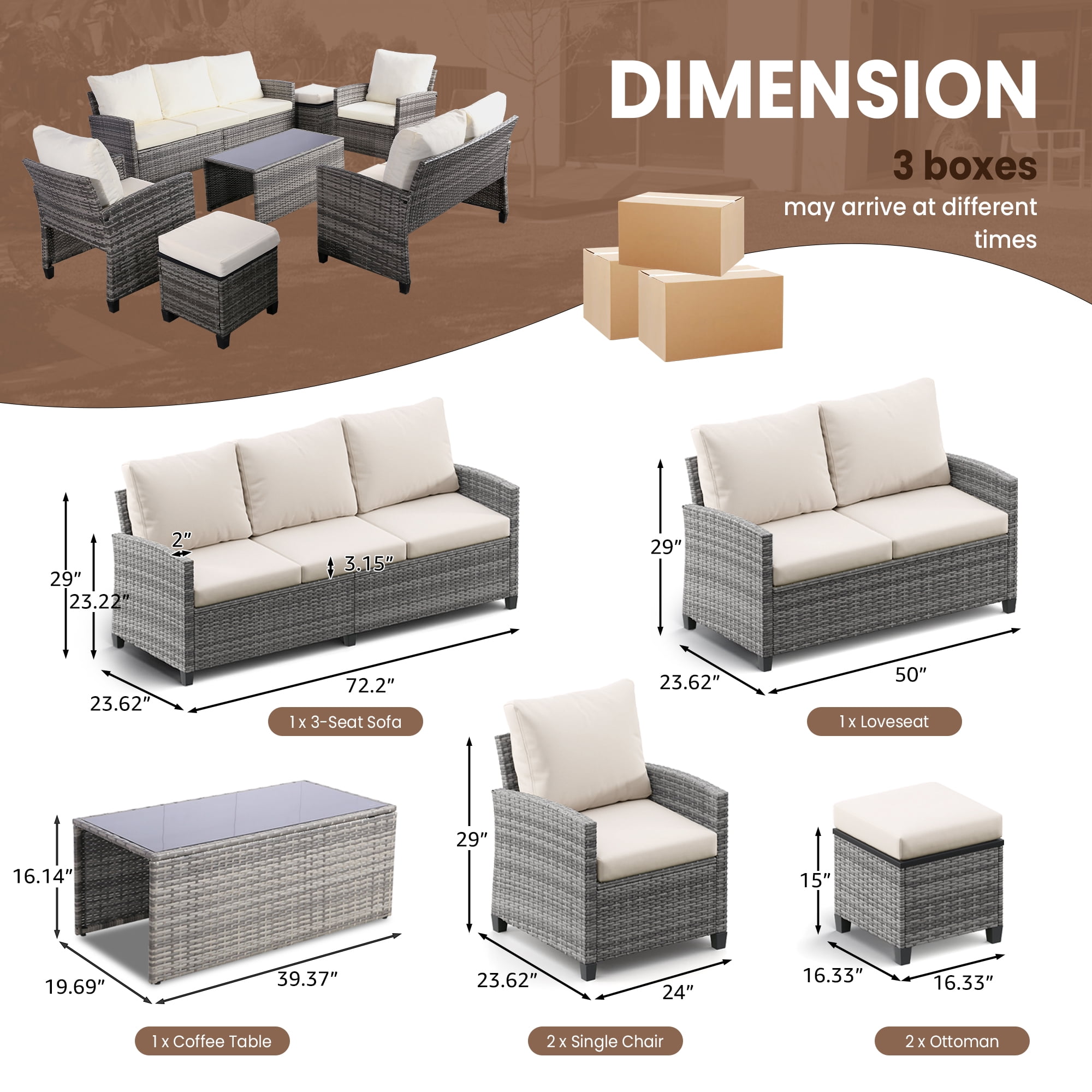 Outdoor Patio Furniture Sets Wicker Conversation Set PE Rattan Sectional Sofa Couch with Ottomans, and Coffee Table for Backyard, Porch and Garden(gray&Beige)