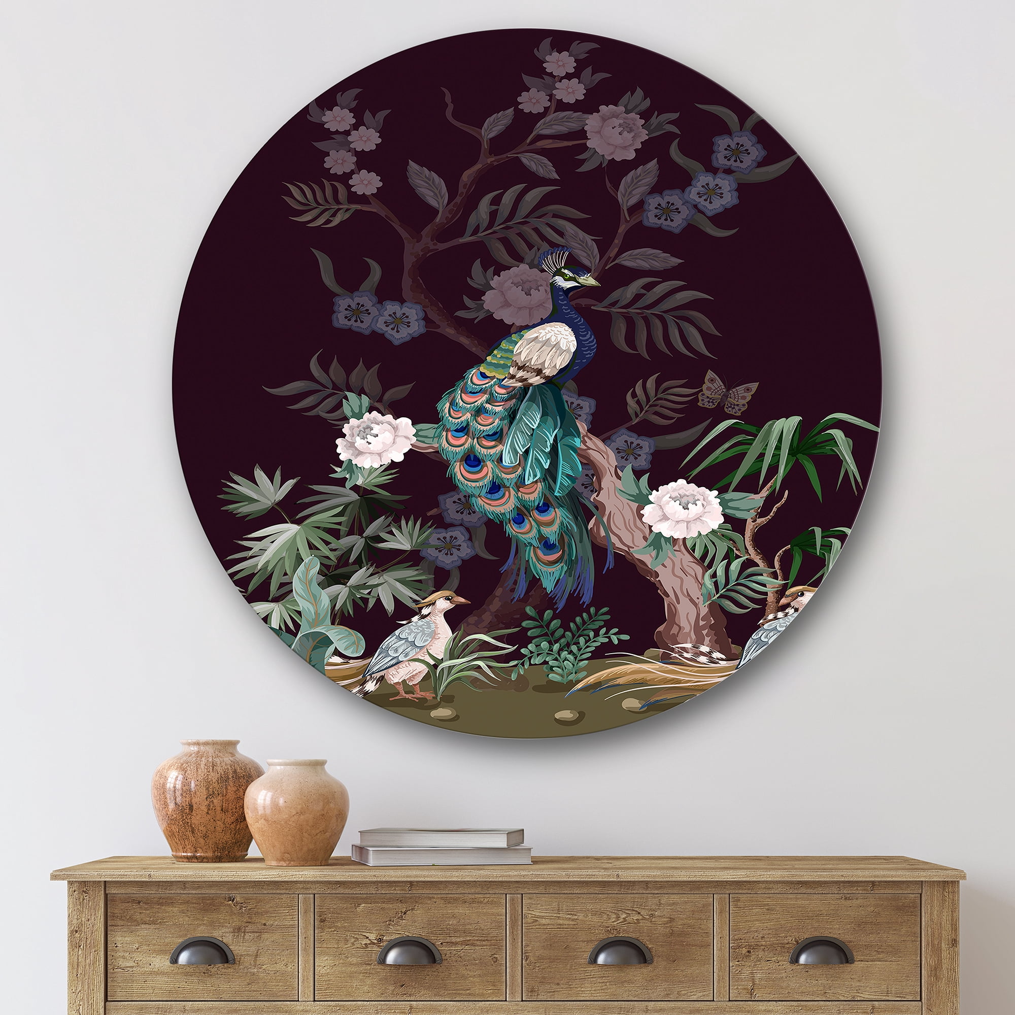 Designart 'Chinoiserie With Peonies and Birds V' Traditional Circle Metal Wall Art 36x36 - Disc of 36