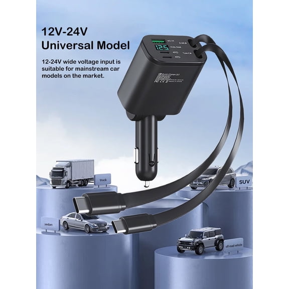 AKKHOO 5 in 1 Retractable Car Charger, Universal 90W USB C Fast Charger for Car, Cigarette Lighter Adapter with 2.19ft Cable, 180° Adjustable, Compatible with Android and iPhone